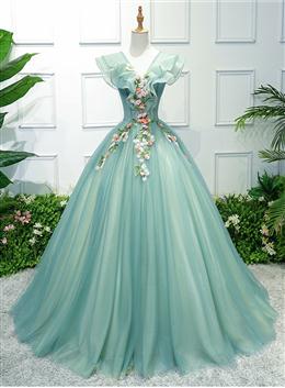 Picture of Gorgeous Green Long Tulle with Lace Applique Sweet 16 Dresses, Green Formal Gown